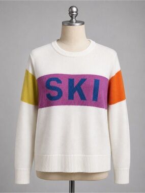 Vince Camuto White Crewneck SKI Sweater with Purple Panel & Blue Lettering, Size